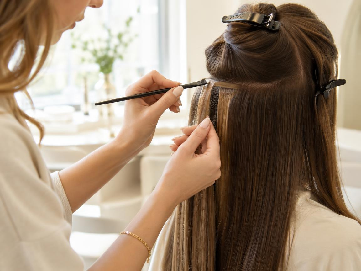 Мастер по наращиванию волос прикрепляет прядь к волосам клиентки
